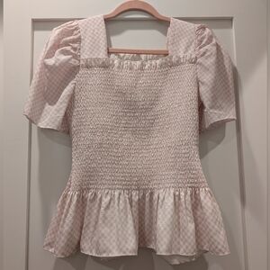 Rachel Parcell Light Pink Gingham Smocked Peplum Top